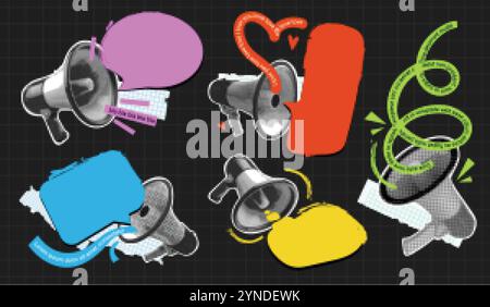 Halftone loudspeaker message. Loudspeakers with speech bubbles retro pop art collage, megaphone announce sale offer alert or loud news, vintage speaker exact vector illustration original artwork Stock Vector