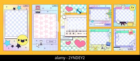 Retro interface post. Social media story posts template, vintage window frame comic fun internet poster screen elements vaporwave y2k 90s 70s design, set classy vector illustration original artwork Stock Vector