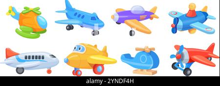 Cartoon toy airplanes. Cute toys plane with propeller wing for children game play, kids aeroplane childish aircraft flight small fly jet air transport, set neat vector illustration original artwork Stock Vector