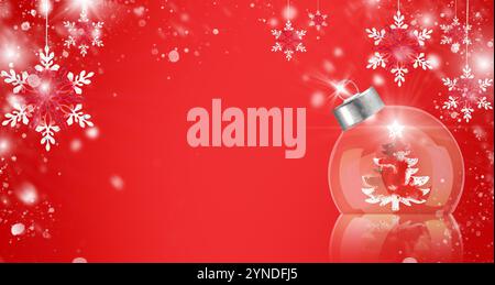 Christmas ornament with transparent ball and fir tree inside with sun glare and flying snow on red background. Xmas design. Banner, website header, po Stock Photo
