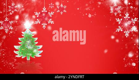 Christmas ornaments red snowflakes hanging with sun glare and flying snow on red background, copy space. Banner, website header, poster with cope spac Stock Photo