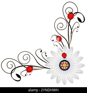 Corner with abstract daisy a red ladybugs on a on a white background. Stock Vector