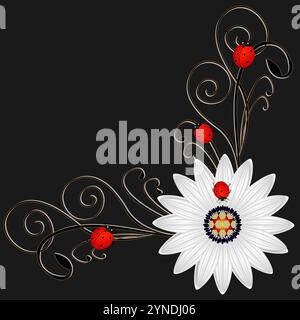 Corner with abstract daisy a red ladybugs on a black background. Stock Vector