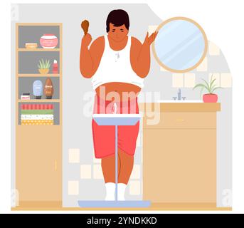 Upset fat man cartoon character standing on body scales Stock Vector