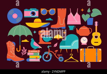 Collection of different home goods. Flea market, Garage sale, stickers, icons, elements Stock Vector