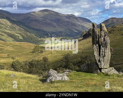 Fionn's Rock, also Praying Hands of Mary, according to legend split by Celt Fingal, also Fionn mac Cumhaill, rock formation, Aberfeldy, Highlands, Sco Stock Photo