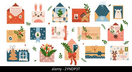 Christmas envelopes with festive decorations flat color vector objects set. Greetings and gifts for winter season illustrations bundle on white Stock Vector