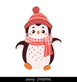 Cute penguin in knitted hat with scarf on neck flat color vector character. Funny animal as winter symbol illustration on white background Stock Vector