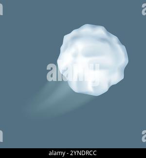 Flying snowball with trace realistic vector illustration. Funny active winter game with snow spheres 3d object on blue-gray background Stock Vector