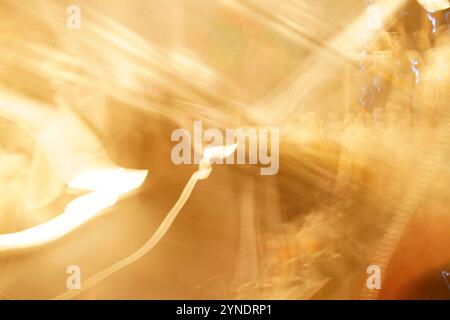 Background bokeh light reflections yellow with fog Stock Photo