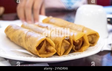 Four Nem ran or spring rolls as well as fried rolls or Vietnamese Imperial rolls on a plate Stock Photo
