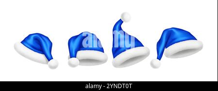 Glossy Santa hats of blue silk and fur realistic vector illustration set. New year celebration headgear 3d models on white background Stock Vector