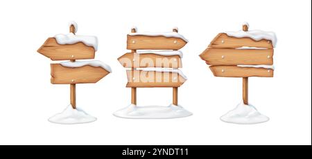 Vintage wooden road signposts covered with snow realistic color icons set. Pointers creating winter wonderland atmosphere 3d objects on white Stock Vector