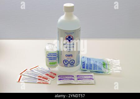 Calgary, Alberta, Canada. May 18, 2020. PSP isopropyl alcohol 99% USP Care with first aid kit items on a white table Stock Photo