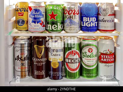 Calgary, Alberta, Canada. Jun 9 2020. Various beer cans of craft beers, domestic and imported beers from around the world on a mini fridge in a house Stock Photo