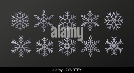 Silver snowflakes with various shapes realistic color icons. Festive elegant winter season design element 3d objects bundle on black background Stock Vector