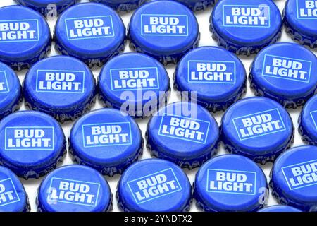 Calgary, Alberta, Canada. Oct 25, 2020. Bud Light Crown Beer Bottle Caps on a clear background Stock Photo