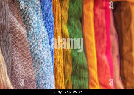 Background of colorful fabrics woven in the city of Fez. Morocco. Horizontally. Stock Photo