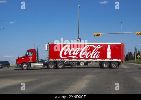 Calgary, Alberta, Canada. May 12, 2023. A Coca Cola trailer truck on the route Stock Photo