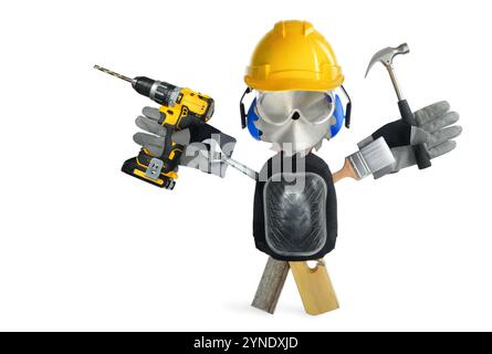 Concept shot of a craftsman or construction worker made of tools and protective gear. Creative funny arrangement isolated on white Stock Photo