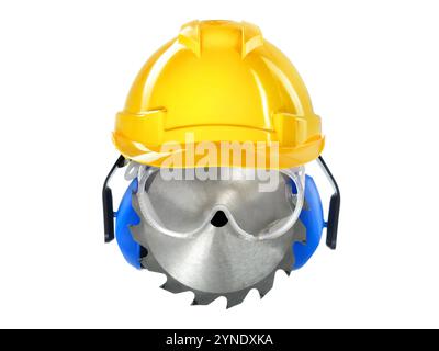 Concept shot of a worker's head made of tools and protective gear. Creative arrangement isolated on white Stock Photo