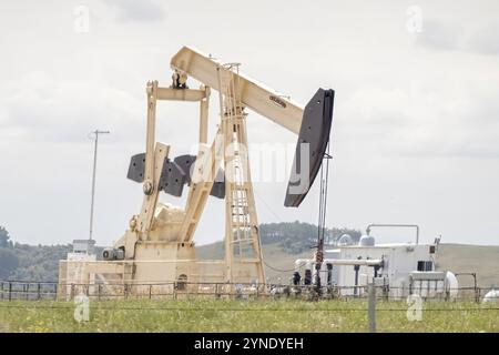 Calgary, Alberta, Canada. Aug 7, 2023. A crude oil production well, a site with a pump jack in a rural area during summer in Alberta Canada. Concept: Stock Photo