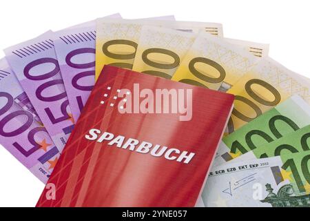 A savings book lies on euro banknotes, old-age provision, nest egg, financing, asset accumulation, reserve, nest egg, mortgage, studio loan, Federal R Stock Photo