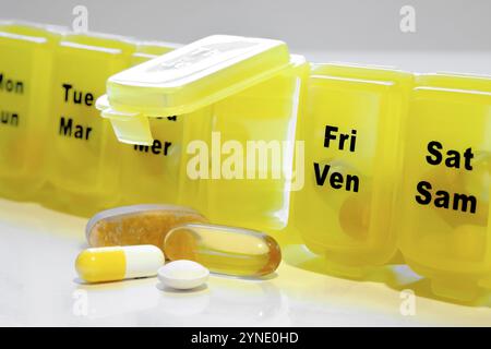 Front view Close up to an open Pill Organizer Case Stock Photo