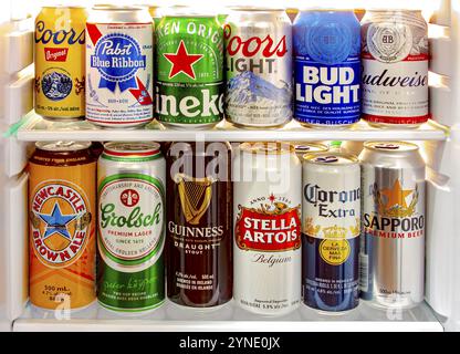 Calgary, Alberta, Canada. Jun 9 2020. A beer fridge with world famous beer brands on a mini fridge Stock Photo