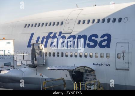 Vancouver, BC, Canada. Dec 11, 2023. A close up to a Boeing 747-400 Lufthansa logo on an airplane, a large long-range wide-body airliner Stock Photo