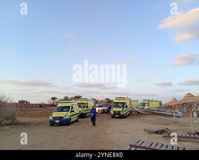 (241125) -- MARSA ALAM (EGYPT), Nov. 25, 2024 (Xinhua) -- Ambulances are seen near the site where a boat sank in the Red Sea, in Marsa Alam, the Red Sea Province, Egypt, on Nov. 25, 2024. Four Egyptians and 12 foreigners were still missing after a boat sank in the Red Sea earlier in the day, Governor of Egypt's Red Sea Province Amr Hanafy said on Monday. (Xinhua) Credit: Xinhua/Alamy Live News Stock Photo