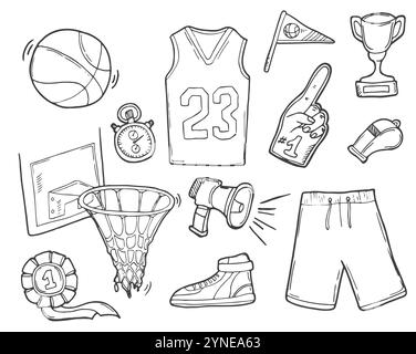 Doodle Set Basketball Element. Hand Drawn Isolated vector. Sport concept Stock Vector