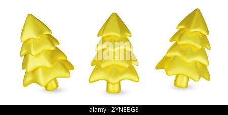 Set 3d Yellow Christmas tree . Glossy New year and xmas abstract tree shapes. Stock Vector