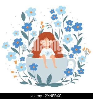 Cute red-haired girl sits in a coffee mug surrounded by forget-me-nots. Scandinavian illustration for a card, print or poster. Stock Vector
