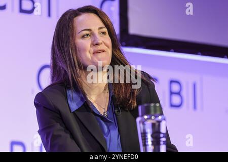 London, UK. 25th Nov, 2024. Stephanie Hyde. Panel discussion with (l-t-r) Kerry McCarthy MP, Minister for Climate, Stuart Brocklehurst, Deputy Vice-Chancellor, Business Engagement and Innovation, University of Exeter, Stephanie Hyde, UK CEO and CEO, Markets Advisory EMEA at JLL, Ben Wilson, President National Grid Ventures, at the annual CBI Conference at QEII Centre in London. Credit: Imageplotter/Alamy Live News Stock Photo