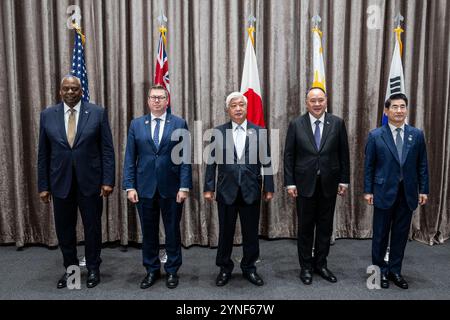 From left to right Secretary of Defense Lloyd J. Austin III, Australia Minister for Defense Industry and Capability Delivery is currently the Hon Pat Conroy, Japan Minister of Defense Gen Nakatani, Philippine’s Secretary of National Defense Gilbert Teodoro, Republic of Korea Minister of Defense Kim Yong-hyun stand together at in the Association of Southeast Asian Nations (ASEAN) 18th ASEAN Defense Ministers Meeting and 11th ADMM-Plus in Vientiane, Laos, Nov. 21, 2024. (DoD photo by U.S. Air Force Tech. Sgt. Jack Sanders) Stock Photo