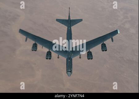 A U.S. Air Force B-52H Stratofortress conducts a combat air patrol in support of Operation Inherent Resolve over the U.S. Central Command area of responsibility Nov. 23, 2024. The deployment of the long-range heavy bombers into the USCENTCOM theater demonstrates the United States’ dedication to deterring aggression and maintaining stability in the region alongside allies and partners. (U.S. Air Force photo) Stock Photo