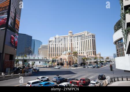 LAS VEGAS - AUGUST 21, 2024: Bellagio hotel and casino with heavy car traffic on the Las Vegas Strip. Bellagio Hotel & Casino is a major resort in las Stock Photo