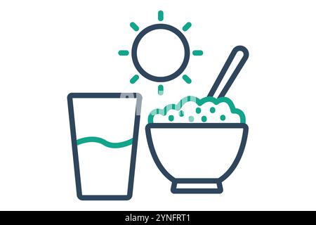 Lunch icon. line icon style. rice bowl with glass and sun. icon related to meal. meal elements vector illustration Stock Vector