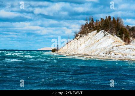 Looking over Lake Michigan from Point Betsie on the west coast shoreline north of Frankfort in Betsie County, Michigan, USA. Stock Photo