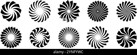 Set of black rotating beams and rays in circles. Radial sunburst elements pack. Round spinning swirls, stars and twirls pack. Illustration bundle for banner, badge, sticker, poster. Vector Stock Vector