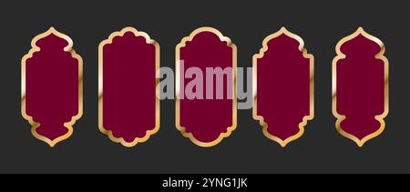 Islamic Door and Gate Shapes. Set of golden Arabic frames. Ramadan Kareem icons isolated on dark background. Vector illustration in oriental style Stock Vector