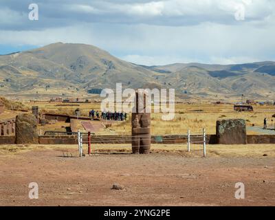 Monolith among the Tiwanaku Ruins, a UNESCO World Heritage Site in La Paz, Bolivia Stock Photo