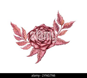 Rose with leaves and buds burgundy gothic watercolor illustration. Halloween or Day of the Dead botanical decoration isolated from background. Design Stock Photo