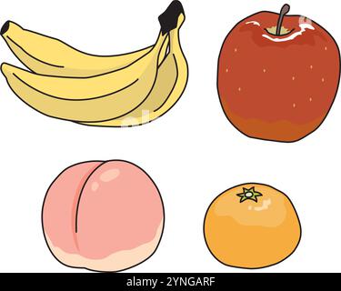 Fruit illustration set of banana, apple, peach and tangerine. With outline. Stock Vector