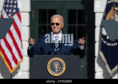 Washington, United States. 25th Nov, 2024. United States President Joe Biden pardons the National Thanksgiving Turkey at the White House in Washington, DC, USA, November 25, 2024. Photo by Chris Kleponis/CNP/ABACAPRESS.COM Credit: Abaca Press/Alamy Live News Stock Photo