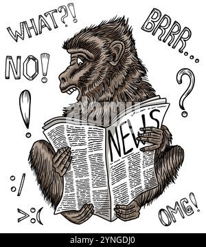Hand drawn vector cartoon illustration of funny primate surprised to read the news and trendy text phrases, words and emoji isolated. Clip art, card Stock Vector