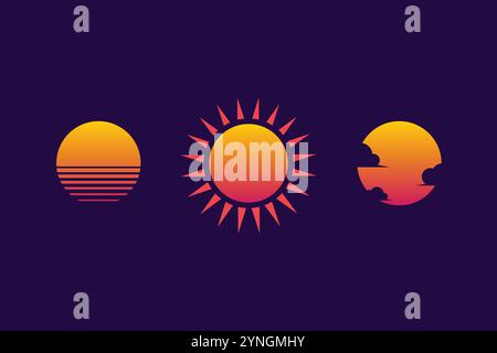Retro sunset. sun for cyberpunk. Set of neon gradient graphic for summer logo. Vector illustration Stock Vector