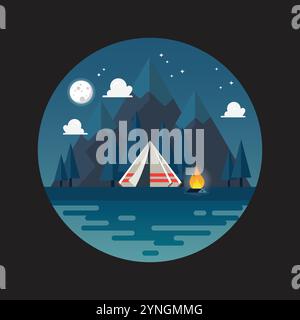 Camping tent with landscape at night logo. Vector illustration Stock Vector
