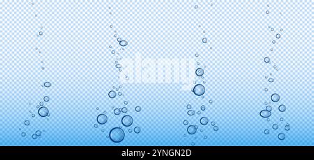 Air bubbles fizzy water isolated on transparent background. Vector realistic illustration of oxygen sparkles rising underwater, effervescent tablet in liquid, carbonated drink splash, diving effect Stock Vector